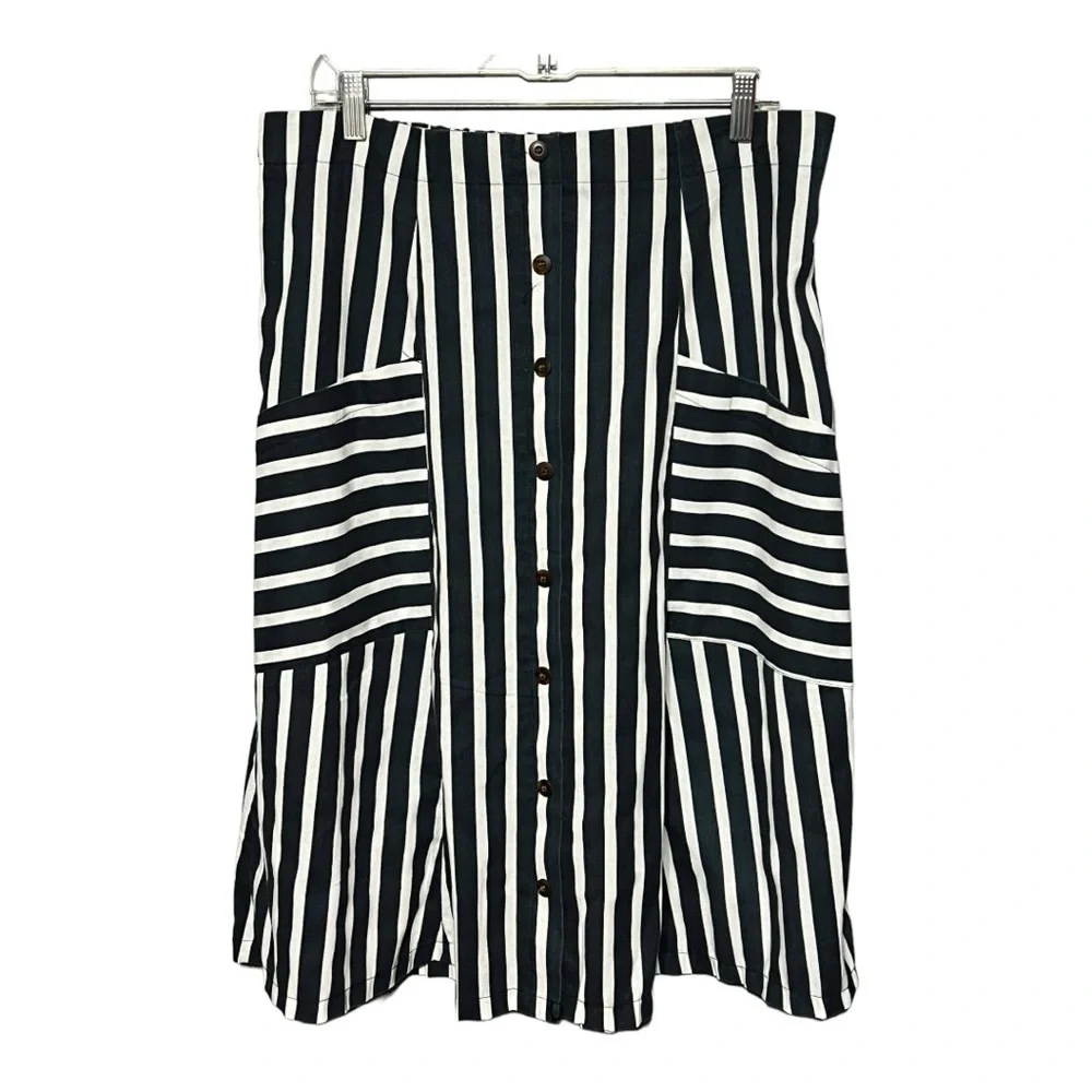 MetroWear Navy White Striped Linen Rayon Button Front Belted Midi Skirt XL